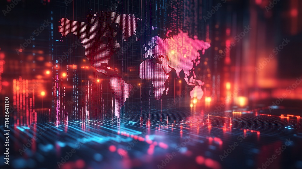 Poster a vibrant digital world map with glowing data points and lines, representing global connectivity and