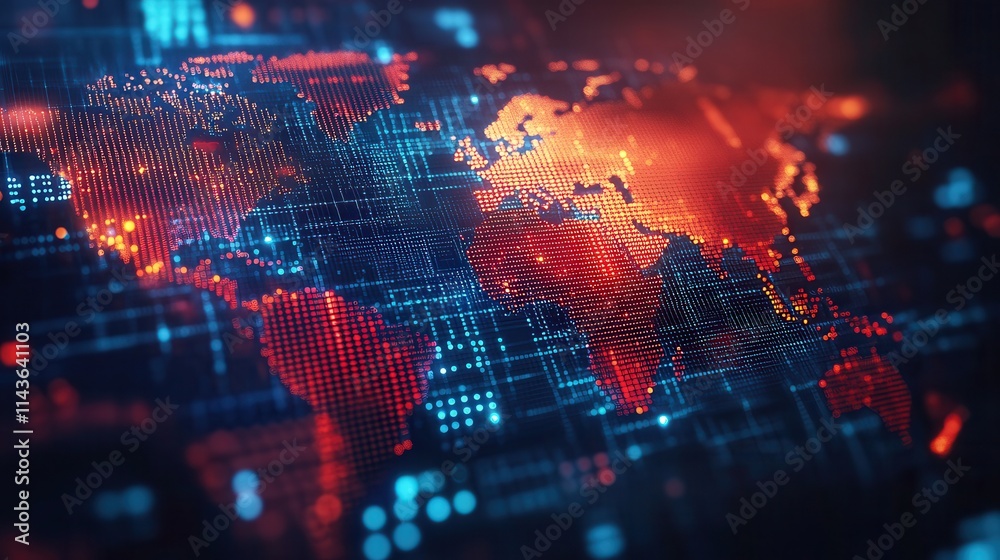 Poster A vibrant digital world map illuminated with red and blue lights, representing data connections and global networks.