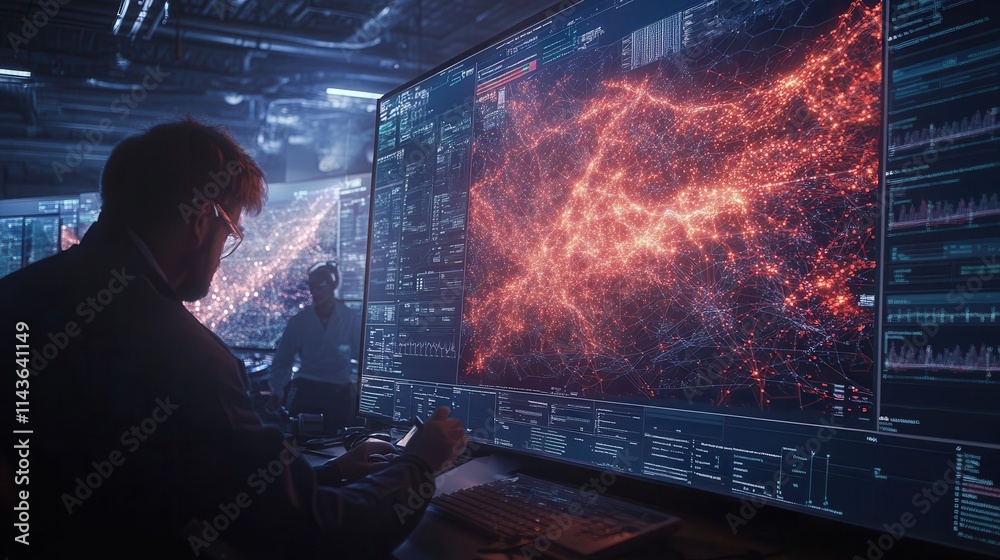 Poster a person analyzes complex data on large screens, depicting vibrant cosmic patterns and technical inf