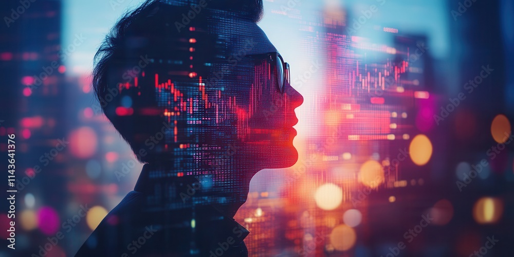 Poster a silhouette of a person against a vibrant cityscape, featuring data visuals and technological eleme