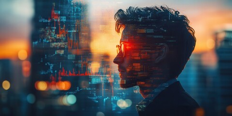 A silhouette of a man against a sunset, overlaid with digital data and code, symbolizing technology and innovation in a modern urban setting.