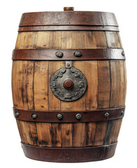 Obraz premium a weathered wooden barrel with metal bands. a circular metal ornament. and a wooden lid the barrel is isolated on a transparent background