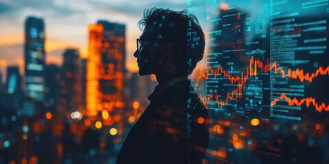 A silhouette of a person against a city skyline, with digital data overlays suggesting themes of finance and technology.