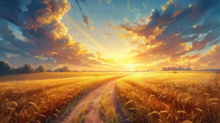Breathtaking view of a vast wheat field with golden ripe grains and a dramatic colorful sky at sunset or sunrise in a serene idyllic countryside landscape  The tranquil