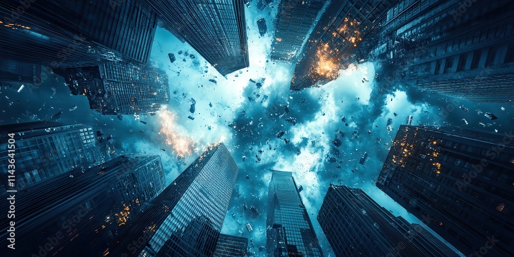Poster a dramatic view of a cityscape from below, showcasing towering skyscrapers amidst intense explosions