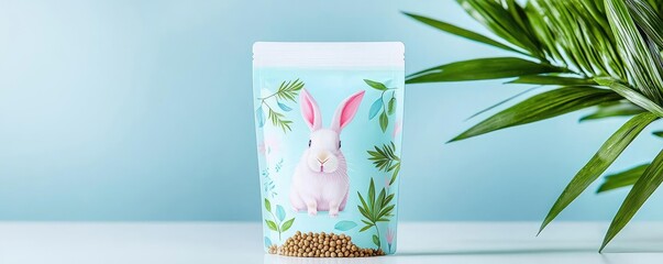 Animal feed business packaging concept. Resealable stand-up pouch of organic rabbit pellets with pastel illustrations, animal feed packaging, user-friendly modern design