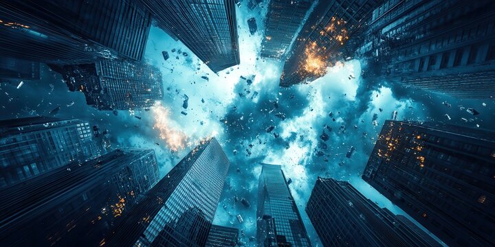 A dramatic view of a cityscape from below, showcasing towering skyscrapers amidst intense explosions and swirling clouds.