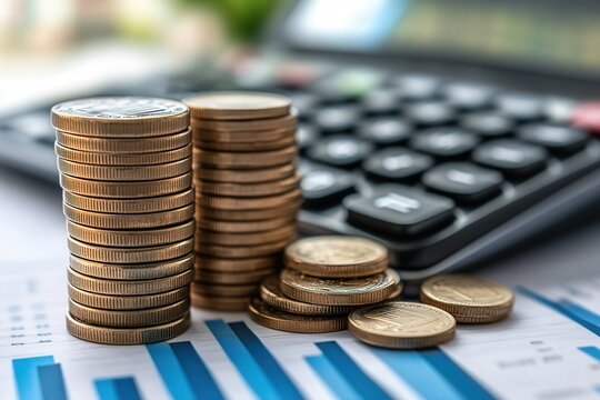 A close-up of stacked coins beside a calculator and financial charts, symbolizing savings, budgeting, and financial planning.