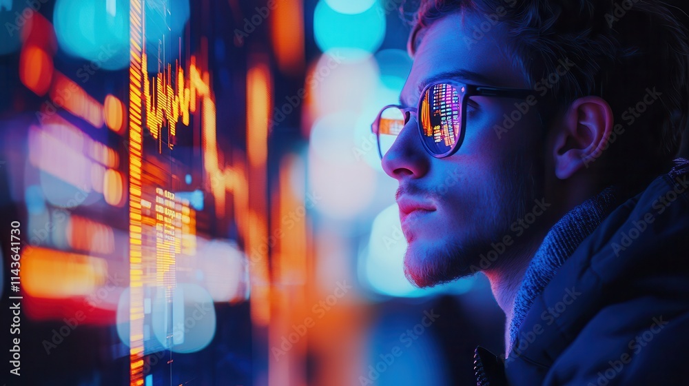 Poster A focused individual gazes at vibrant data visualizations, reflecting modern technology and analytics in a futuristic setting.