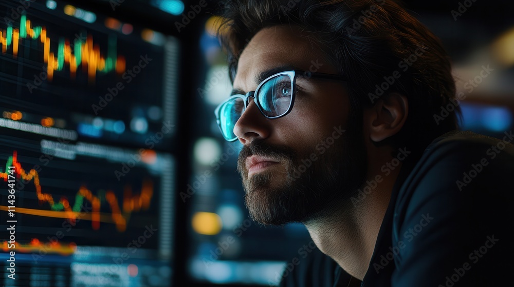 Poster a focused individual analyzes data on screens, showcasing graphs and statistics related to finance o