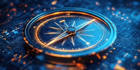 A detailed compass rests on a digital background, symbolizing navigation and exploration in a high-tech world.