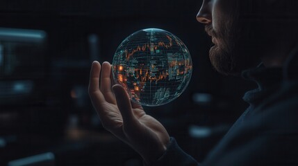 A person gazes thoughtfully at a glowing, transparent globe, showcasing a digital world map, amidst a dark, tech-inspired environment.