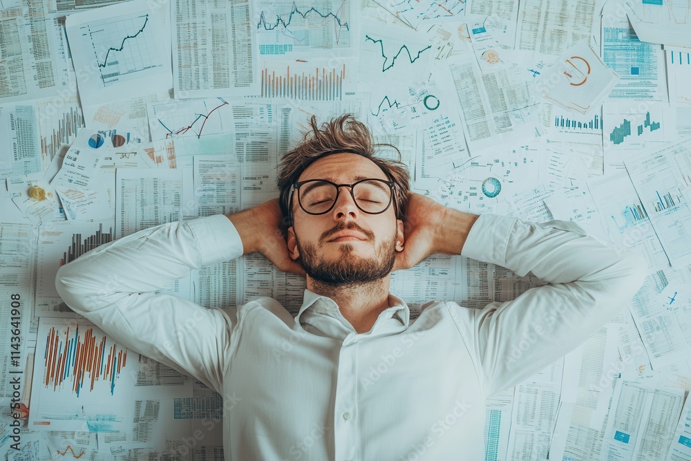 Poster A relaxed man lies on a surface covered with financial charts and graphs, suggesting contemplation or analysis in a professional setting.