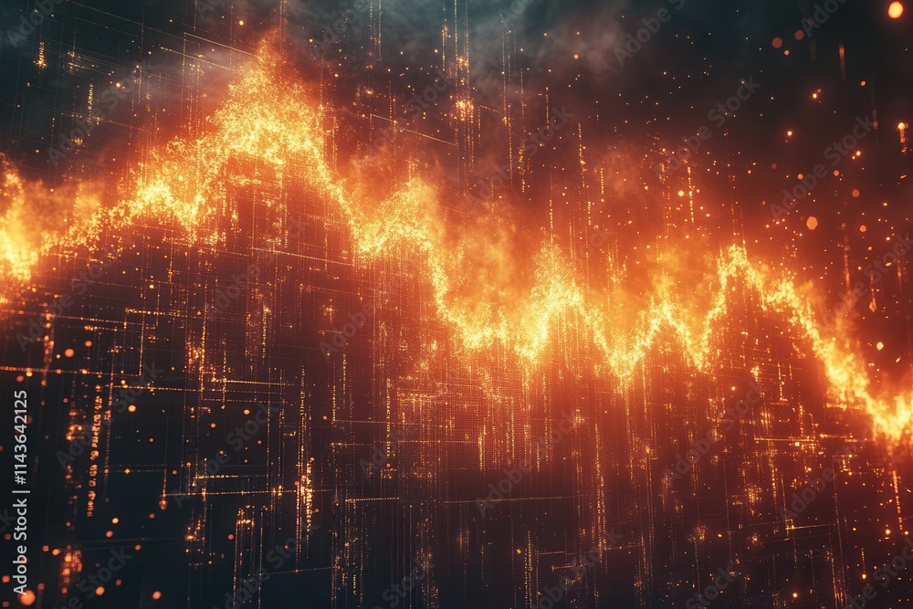 Poster a vibrant, fiery data visualization with an upward and downward trend, depicting dynamic fluctuation