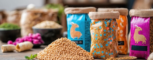 Animal feed business packaging concept. Organic goat feed packaging with rich, earthy tones and traditional patterns, appealing to rural communities, animal feed packaging, heritage marketing