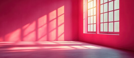 Empty room with pink walls and a window with sunlight streaming in.