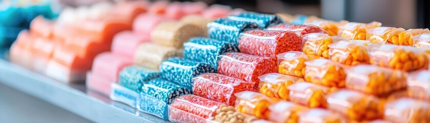 Animal feed business packaging concept. Packaged fish feed with ocean-inspired patterns and textures for aquaculture industries, animal feed packaging, commercial aquaculture focus