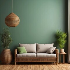 Rattan Sofa Green Wall Decor Modern Living Room Design