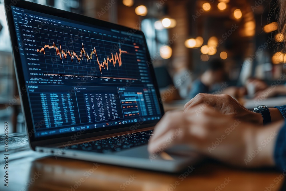 Poster a person analyzes financial data on a laptop, showcasing graphs and statistics in a modern workspace