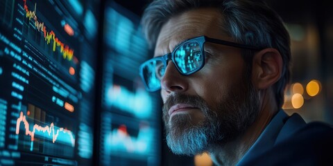 A focused individual wearing sunglasses analyzes digital data on screens, showcasing a blend of technology and concentration.