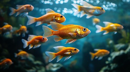 Naklejka premium Golden Fish Swim in a Vibrant Aquarium Environment