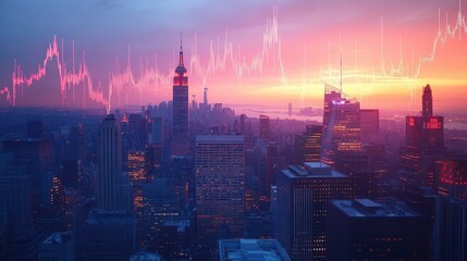 A stunning cityscape at sunset, featuring skyscrapers with a digital graph overlay, symbolizing finance and urban dynamics.