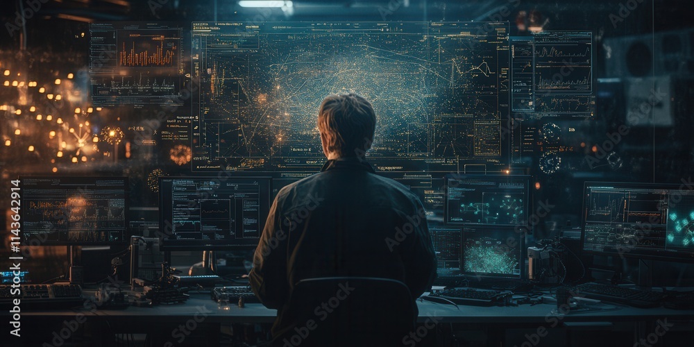 Fototapete A person sits in front of multiple screens displaying data and visualizations, immersed in a high-tech, futuristic environment.