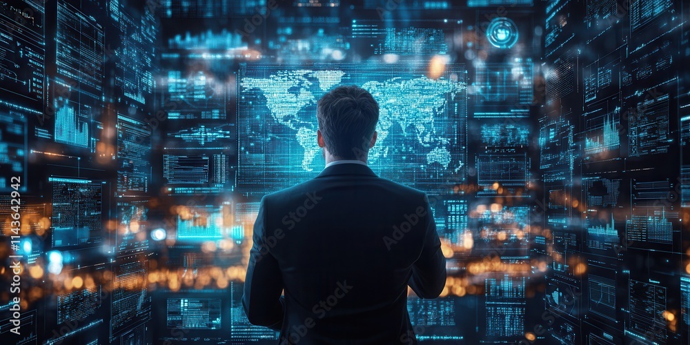 Poster A man in a suit stands before a digital interface filled with data and graphics, immersed in a high-tech environment.