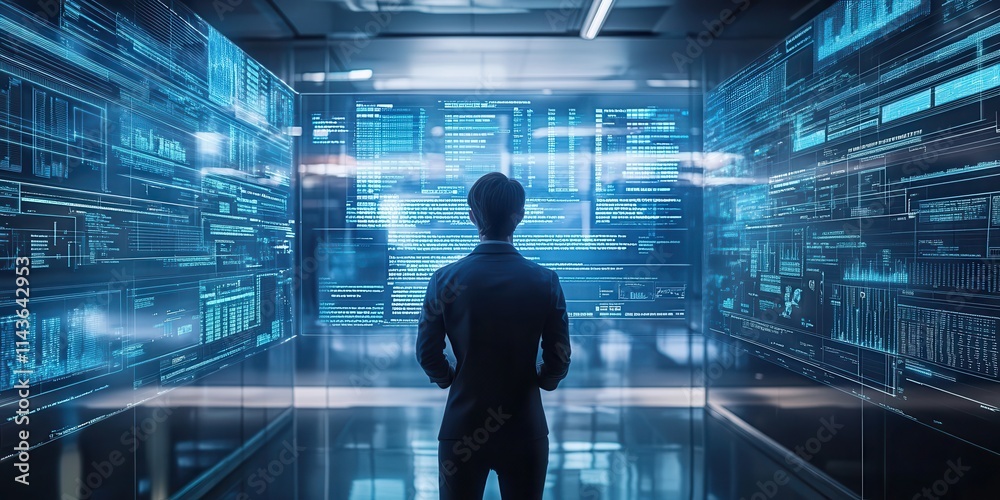 Aufkleber a person stands in a futuristic room surrounded by glowing digital data displays, suggesting a high-