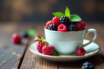 A delicate cup partially filled with juicy blackberries, berries, bowl