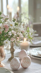 Elegant European Easter Table: Fresh Flowers, Candles, and Painted Eggs