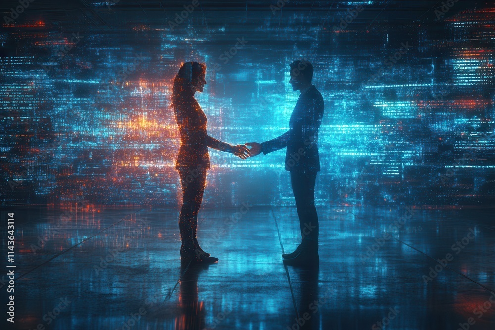 Poster a futuristic scene depicting two silhouettes holding hands, surrounded by vibrant digital patterns a