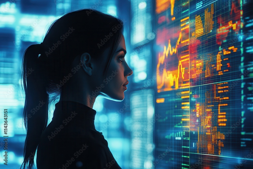 Aufkleber A profile view of a woman analyzing digital data on a futuristic screen, illuminated by colorful graphs and statistics, suggesting a tech-savvy environment.