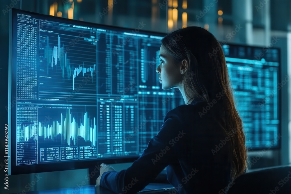 Poster a woman analyzes data on large monitors in a dark, high-tech environment, highlighting her focus on 