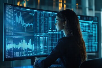 A woman analyzes data on large monitors in a dark, high-tech environment, highlighting her focus on complex information and analytics.