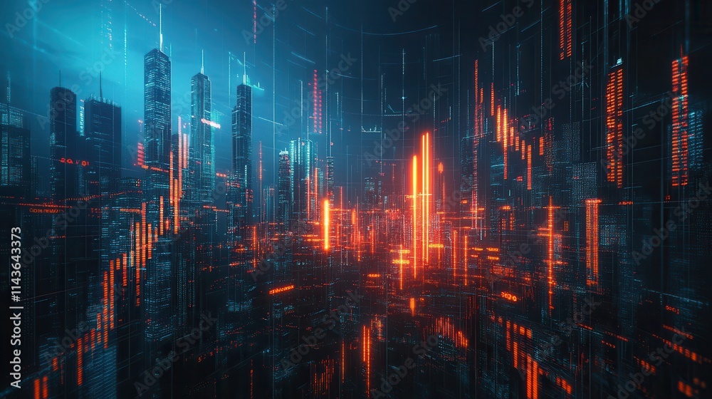 Poster a futuristic cityscape with vibrant neon lights, showcasing a digital landscape filled with glowing 