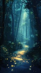 Obraz premium Enchanting Woodland Path Illuminated by Magical Lighting and Glowing Fireflies Serene and Mystical Forest Landscape with a Winding Trail Leading Through the Ethereal Dreamlike Environment