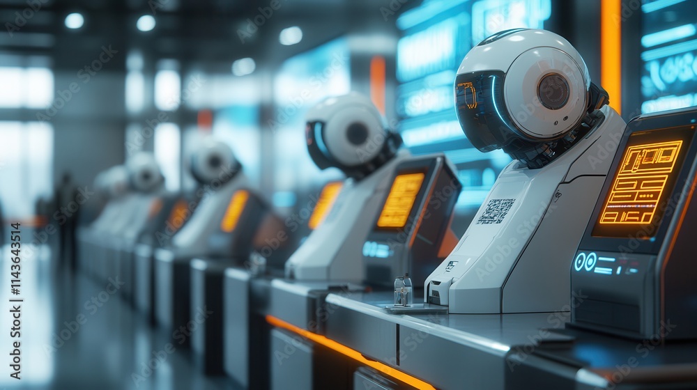 Poster Futuristic robots with glowing screens in a modern environment, showcasing advanced technology and automation.
