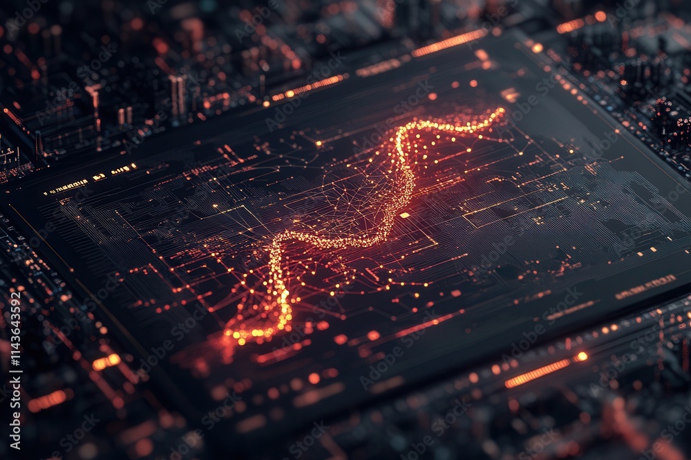 Aufkleber An abstract depiction of a glowing waveform on a dark circuit board, illustrating themes of technology and data visualization.