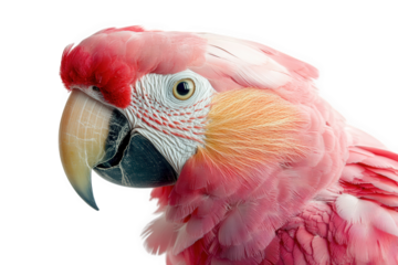 a close-up portrait of a pink and white macaw with a black beak the bird's head is turned slightly to the left and its eye is focused on the viewer the background is white