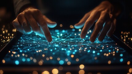 Close-up of Hands Interacting with a Futuristic Digital Interface Displaying a Vivid Network of Connections in a Dark Environment with Bright Lights