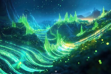 Abstract digital landscape flowing data streams