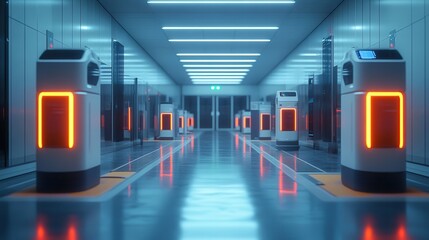 A sleek, futuristic hallway featuring illuminated charging stations with glowing accents, creating a modern, tech-savvy atmosphere.