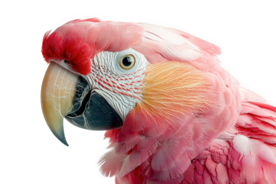 a close-up portrait of a pink and white macaw with a black beak the bird's head is turned slightly to the left and its eye is focused on the viewer the background is white