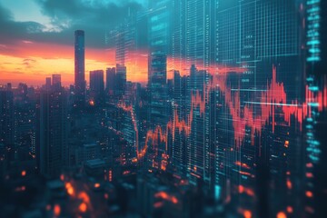 A vibrant city skyline at sunset, overlaid with digital graphs and charts, symbolizing financial markets and data analysis.