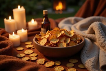 Naklejka premium Cozy ambiance with candlelit snacks in a warm evening setting.