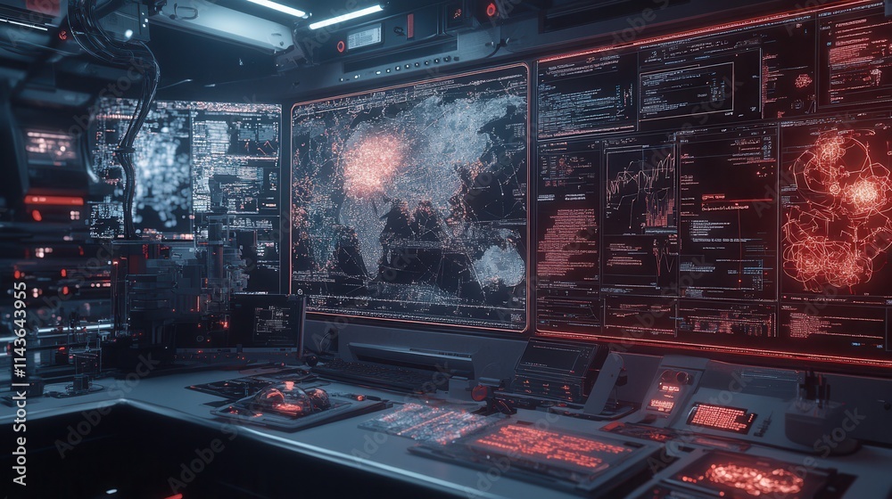 Aufkleber A futuristic control room with glowing screens displaying maps and data, illuminated by red and blue lights, creating a high-tech atmosphere.