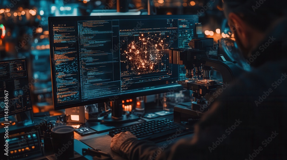 Poster A person works at a computer screen displaying complex data visualizations in a dimly lit environment, surrounded by technology and glowing screens.