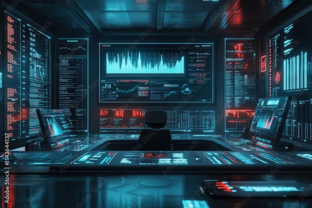 Poster A futuristic control room filled with glowing screens displaying data, graphs, and digital interfaces, creating a high-tech atmosphere.