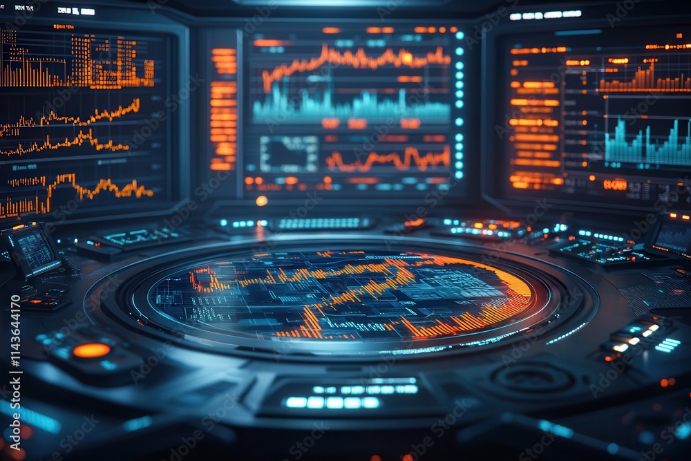 Poster A futuristic control room displays vibrant data visualizations and graphs on multiple screens, highlighting advanced technology and analytics.